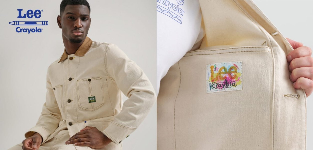 Beige denim jacket with brown collar, front pockets, and color logo patch. Model poses with jacket opened, showcasing its inner label.