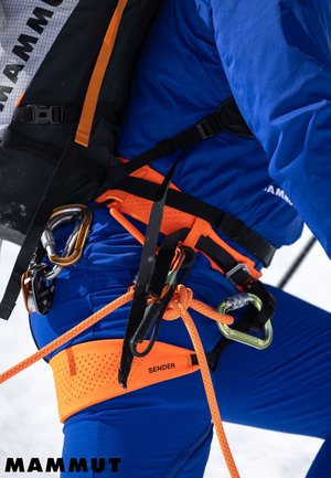 Close-up of climber wearing blue pants and orange harness with climbing ropes and carabiners attached.