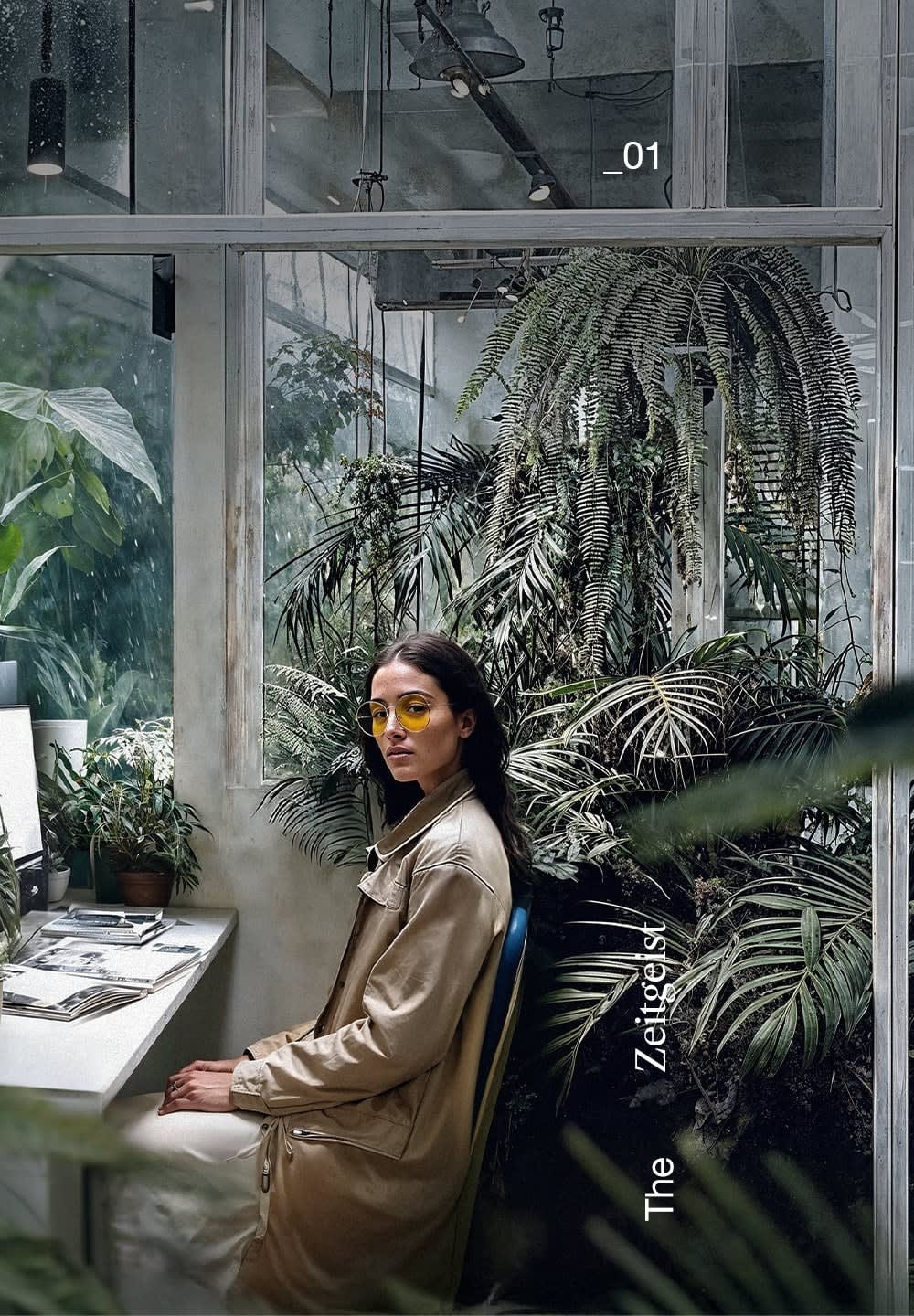 Beige coat with a zipper detail, round yellow sunglasses, sitting by a white desk surrounded by lush green plants in a glass space.