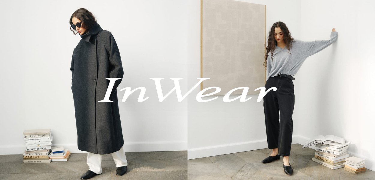 Black wool coat with large collar and buttons on the left, paired with a gray loose sweater and black high-waisted trousers on the right.