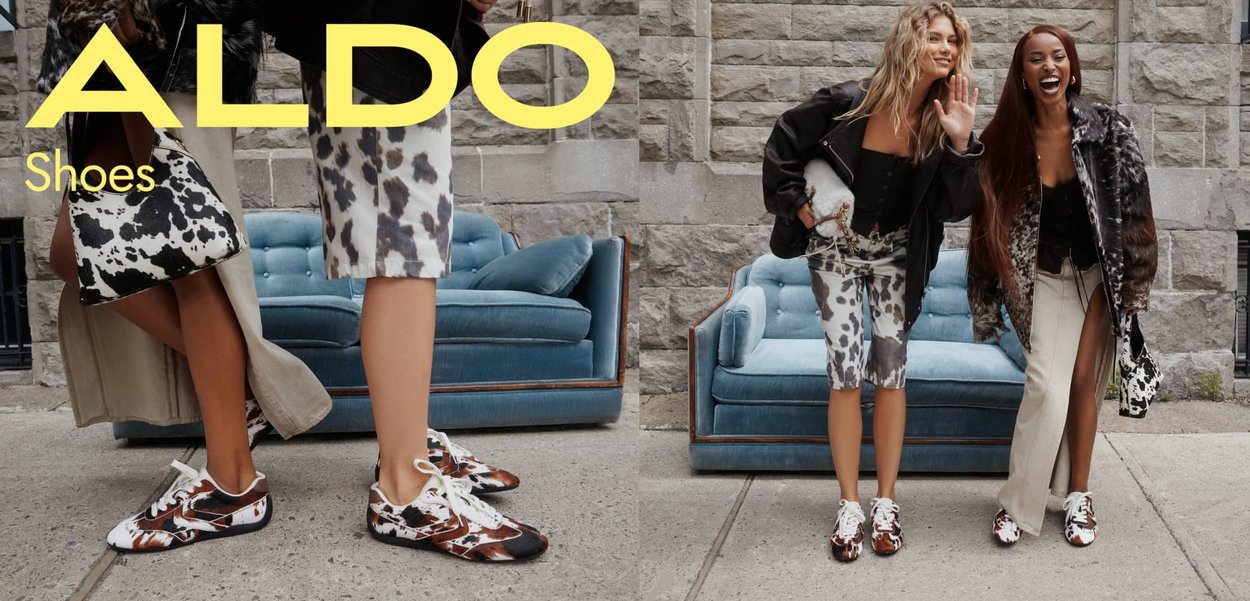 Chaussures Aldo avec un mélange de motifs en vachette marron, blanc et noir. Design à lacets avec une finition texturée. Les modèles portent des tenues coordonnées.