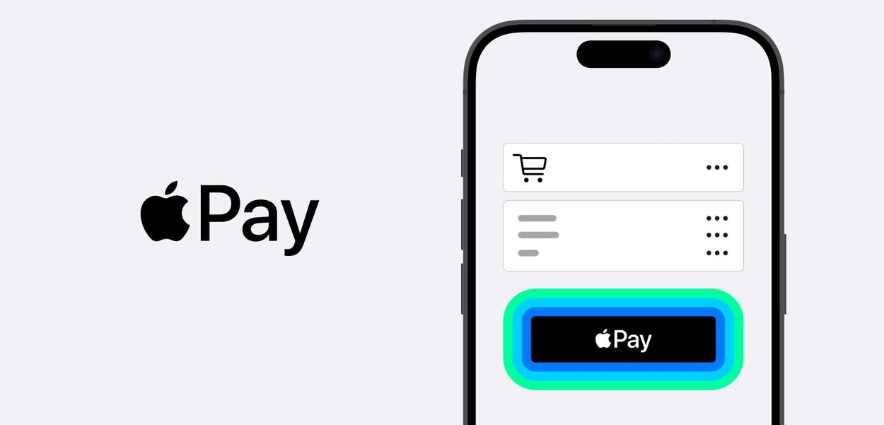 Älypuhelimen näyttö, jossa on Apple Pay -käyttöliittymä, musta painike, jossa on valkoinen teksti, ja taustalla on liukuväri sinisellä.