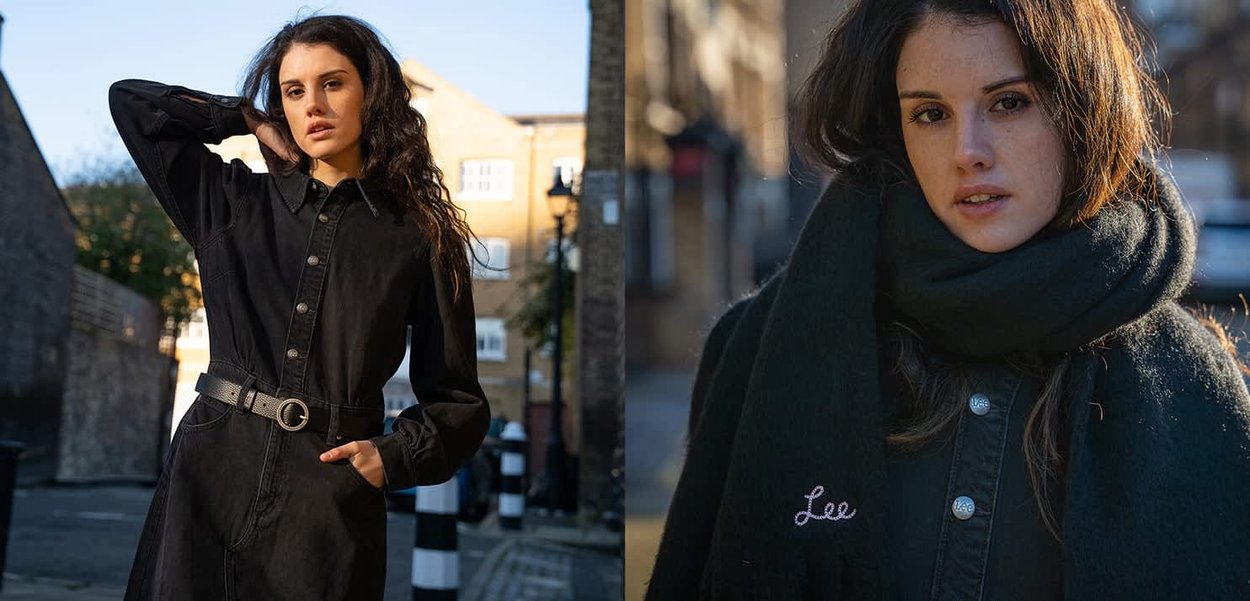 Svart denimskjortklänning med knappstängning och bälte. Andra bilden visar en svart scarf med namnet "Lee" broderat i ljus tråd.