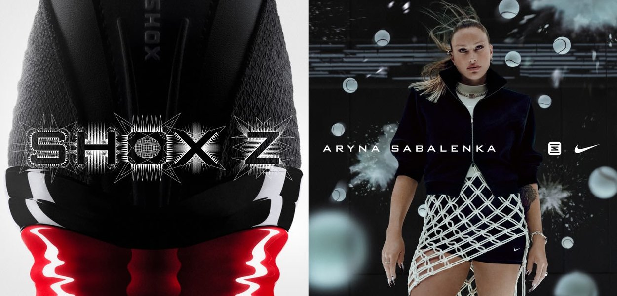 La chaussure Nike SHOX Z présente un dessus texturé noir avec une semelle rouge audacieuse et un logo graphiqué. Le côté droit affiche Aryna Sabalenka en tenue sportive.