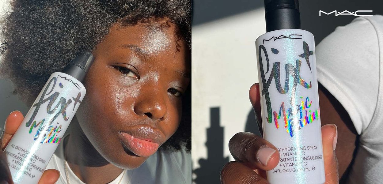 MAC Fix+ Magic Radiance, nawilżający spray o pojemności 3,4 fl oz w błyszczącej, iryzującej butelce z srebrnymi i kolorowymi literami.