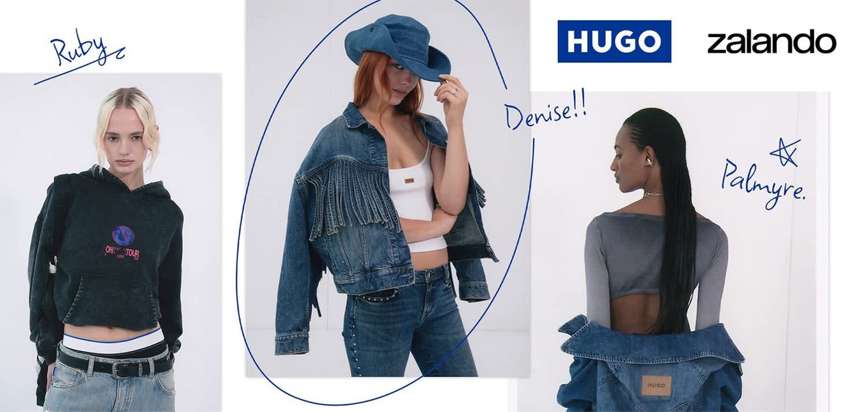 Three models showcase fashion items: a black cropped hoodie with a logo, a blue denim jacket with fringe, and a gray top with an open back.