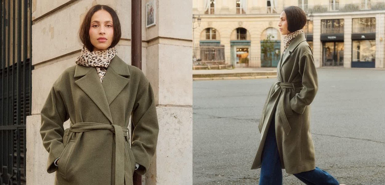 Oliivinvihreä villainen takki, jossa vyötäröllä vyö, käännekaulus ja sivutaskut. Yhdistetty leopardikuvioiseen huiviin.