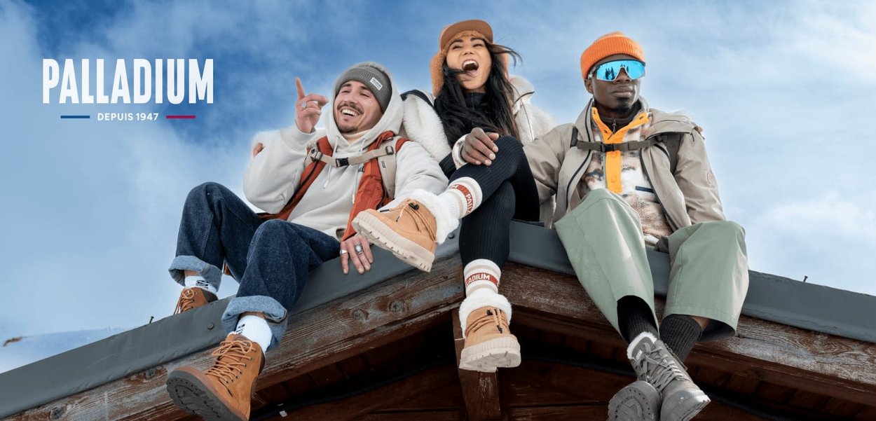 Vêtements d'extérieur à la mode de Palladium. Trois personnes portant des vestes isolées, des bonnets et des bottes, assises sur un toit en bois contre un ciel bleu.