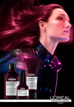 L'Oréal Professionnel packaging featuring three products: a burgundy shampoo, serum, and mask with glossy labels against a futuristic background.