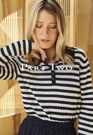 Langärmeliges gestreiftes Oberteil aus strukturiertem Stoff mit navyblauen und cremefarbenen vertikalen Streifen, einem kragen mit Knöpfen und einer lockeren Passform.