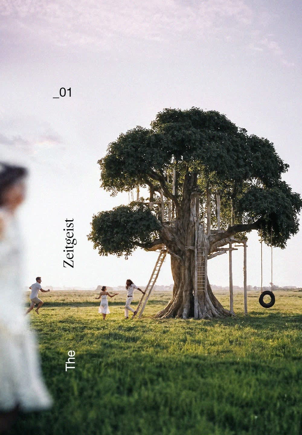 Large leafy tree with a sturdy trunk, wooden ladders, and a tire swing, surrounded by green grass and a clear sky, featuring people nearby.