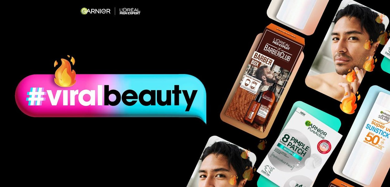 Produits Garnier et L'Oréal Men Expert sur fond noir. Comprend un nettoyant pour le visage, un écran solaire et des patchs anti-imperfections. Texte lumineux et audacieux "#viralbeauty".