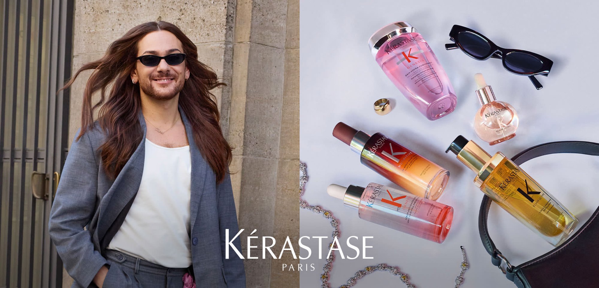 Kérastase Haarpflegeprodukte, darunter Shampoo, Serum und Öl, angeordnet mit Sonnenbrille, Ring, Halskette und schwarzer Handtasche auf einem hellen Hintergrund.