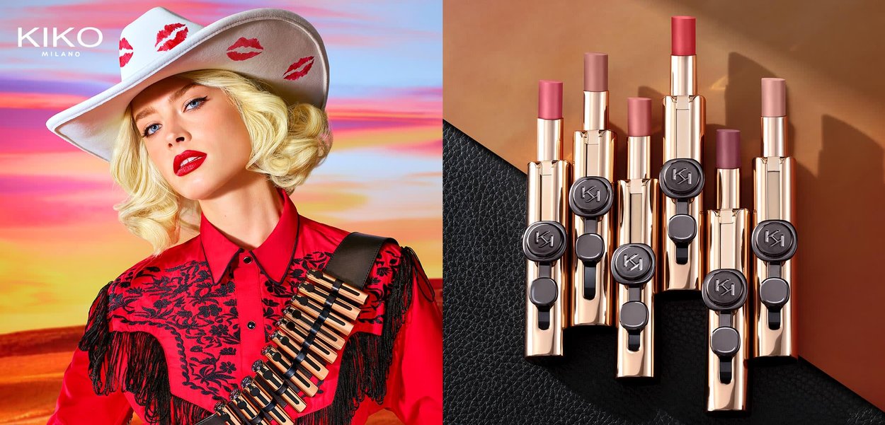 Eight KIKO Milano lipsticks with metallic gold casing and black accents. Colors range from soft pink to deep red, showcasing various shades.