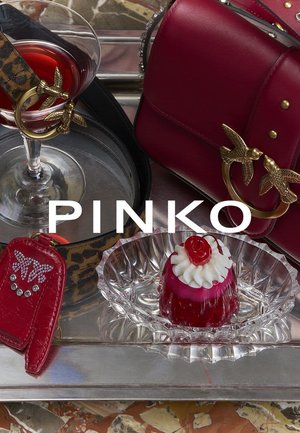 Sac à main en cuir rouge avec ferrures dorées en forme d'oiseau, ceinture à motifs, coupe à dessert en verre transparent, gelée rose avec crème fouettée et cerise sur le dessus.