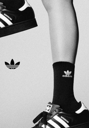 Noga w czarnych butach Adidas Superstar z białymi paskami oraz czarnych skarpetkach Adidas, pokazująca dolną część nogi i stopę na jednolitym tle.