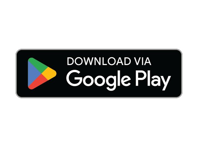 Zwarte rechthoekige knop met de tekst "DOWNLOAD VIA" in het wit en "Google Play" vetgedrukt, naast een meerkleurig driehoekig logo.