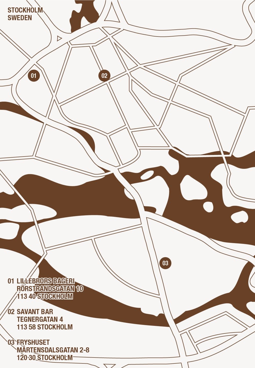 Kaart van Stockholm in bruine lijnen op een lichte achtergrond, met straten, parken en drie locatie-aanduiders met adreslabels.