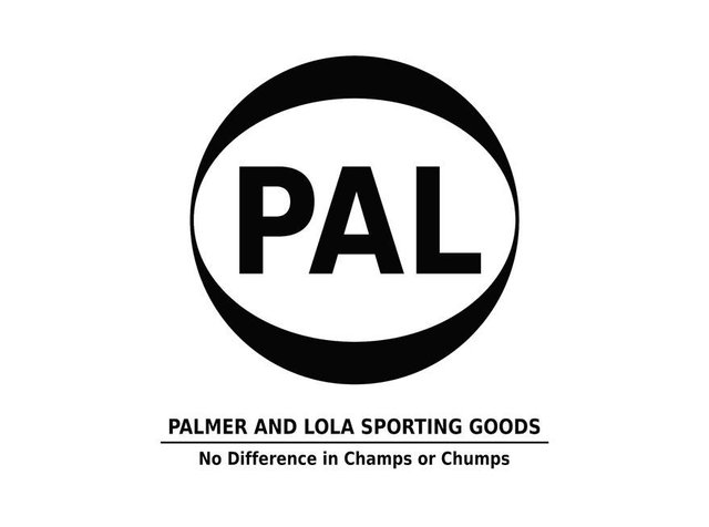 Zwart-wit logo met vetgedrukte letters "PAL" binnen een cirkelontwerp, met "PALMER AND LOLA SPORTING GOODS" en een slogan eronder.
