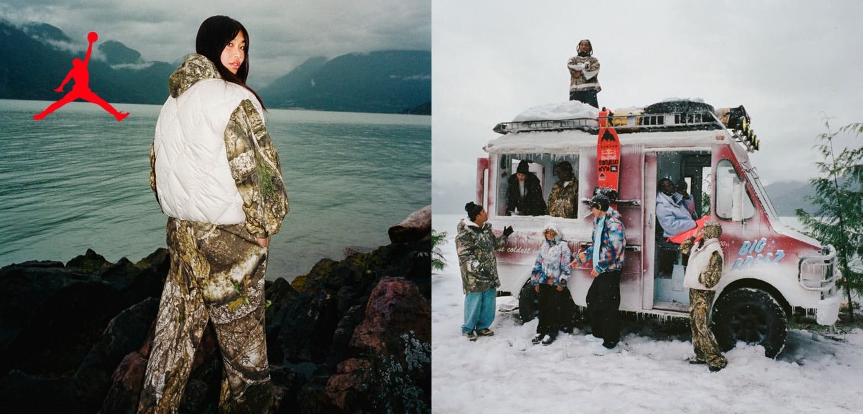 Person in camo outfit and white vest near lake; group of people in winter clothes around and on a snow-covered ice cream truck by a lake.