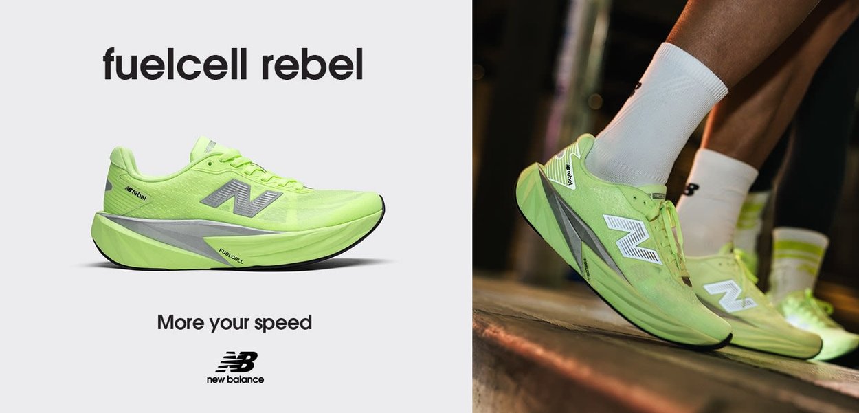 Chaussure de course New Balance FuelCell Rebel vert clair avec une tige texturée, des accents argentés et une semelle rembourrée. Présente un logo audacieux et un design élégant.