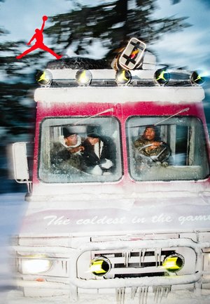 Three people inside a snow-covered red truck with foggy windows, one driving and two passengers talking in a winter setting.