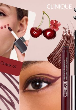 Kvinne som påfører burgunder blusholje, nært bilde av øyet med matchende sminke, Clinique mascara tube, kirsebær og rosa blomst på lys bakgrunn.