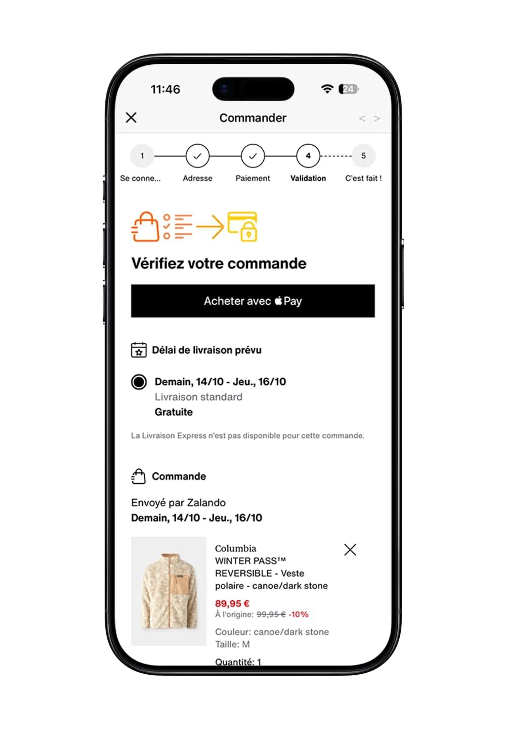 Veste en polaire réversible dans des couleurs crème et pierre foncée. Dotée d'une poche frontale et d'une fermeture éclair. Affichée sur un écran de confirmation de commande mobile.