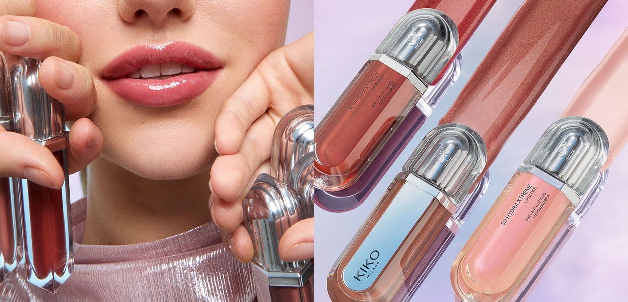 Glossy pink lips with hands holding lip gloss tubes, alongside close-up of four KIKO Milano 3D Hydraxtreme lip glosses in nude shades.