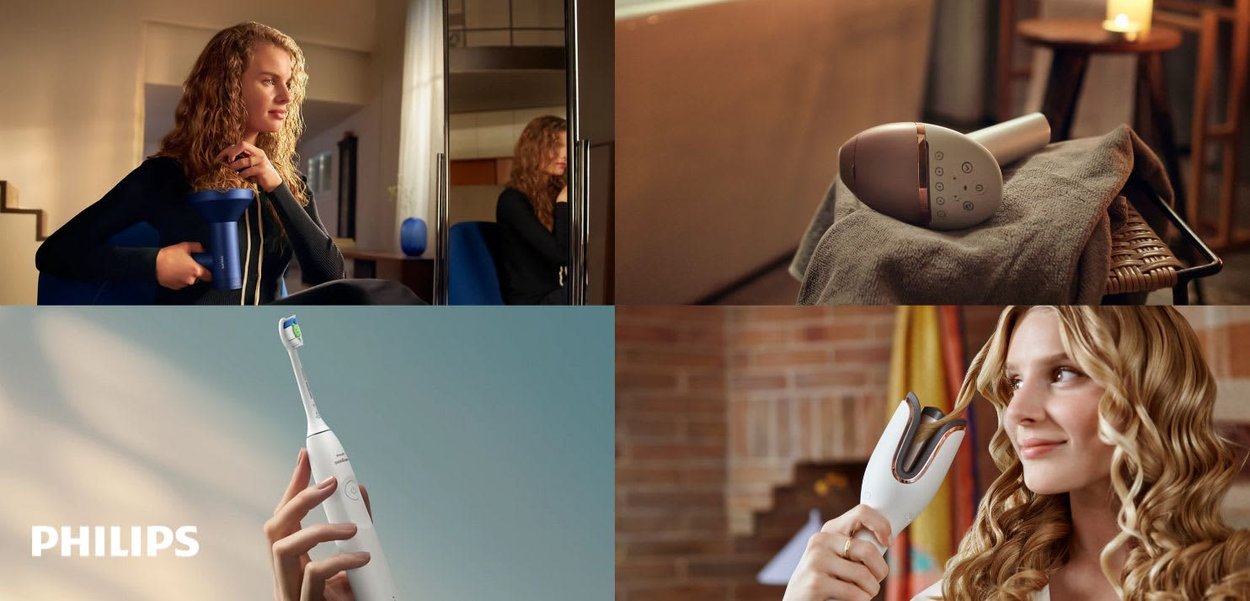 Donna che acconcia i capelli ricci con un asciugacapelli manuale e un ferro arricciacapelli automatico; primi piani dell'asciugacapelli e dello spazzolino elettrico Philips.