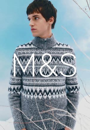 Męski sweter dziany z wysokim kołnierzem, w szarym kolorze z czarno-białymi geometrycznymi wzorami. Subtelna faktura z zamkiem błyskawicznym.