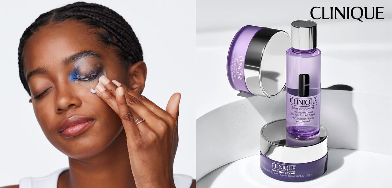 Clinique "Take the Day Off" sminkefjernerprodukter: en lilla væske i en klar flaske og en krem i en lilla krukke med sølvdetaljer.