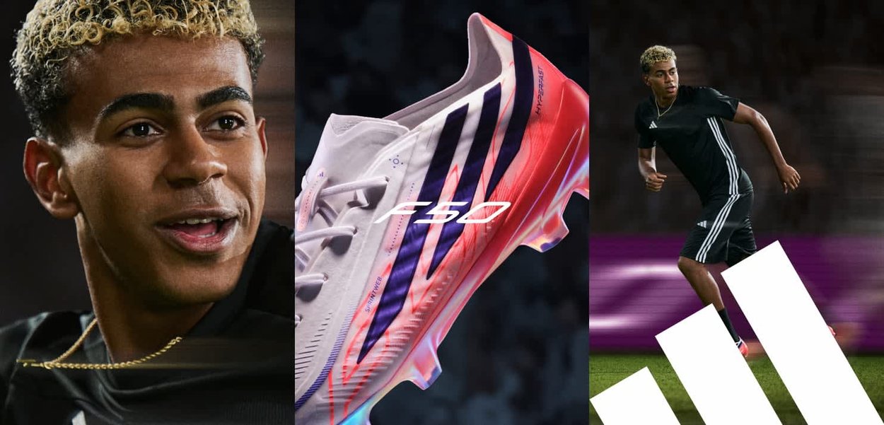 Ung mandlig fodboldspiller med krøllet hår, Adidas F50 fodboldstøvle i hvid, lilla og rød, og spiller, der løber på oplyst fodboldbane i sort sportstøj.