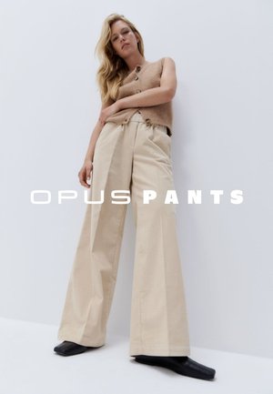 Beige weit geschnittene Hose aus strapazierfähigem Stoff, mit hohem Bund und vorderen Falten. Kombiniert mit einem gestrickten ärmellosen Oberteil.