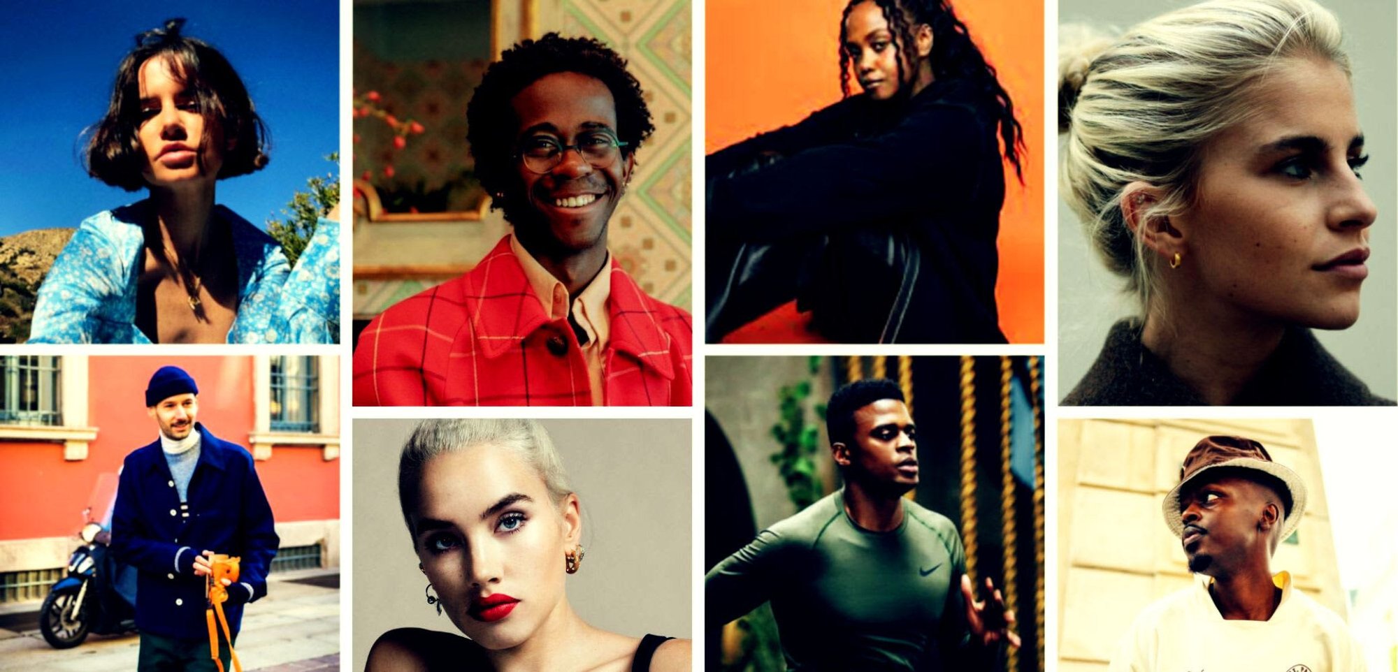 Kolaż różnorodnych osób w różnych strojach: jasne płaszcze, odzież sportowa i eleganckie ubrania. Kluczowe kolory to czerwony, niebieski i beżowy.