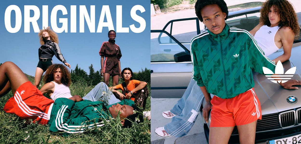 Pięciu młodych dorosłych ubranych w odzież Adidas Originals pozuje na trawie na zewnątrz, opierając się o srebrny samochód BMW pod czystym niebem.