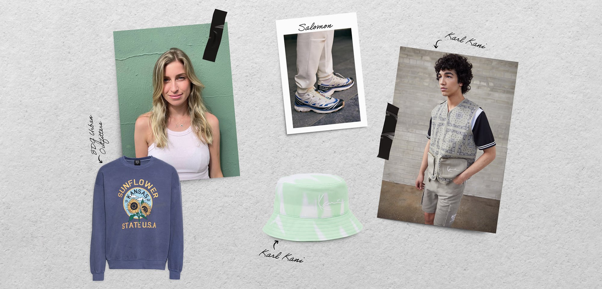 Sweatshirt bleu avec motif de tournesol, débardeur blanc en maille côtelée, chapeau seau menthe avec motif blanc, et baskets multicolores Salomon.