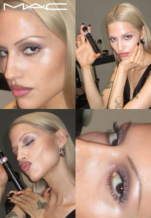Blonde woman with tattoos showcases and holds a black MAC lipstick in close-up and portrait shots, applying makeup with a glossy finish.