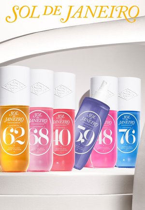Six brightly colored bottles of Sol de Janeiro fragrances, featuring varied shapes, with white caps and labeled numbers 62, 68, 40, 59, 48, and 76.