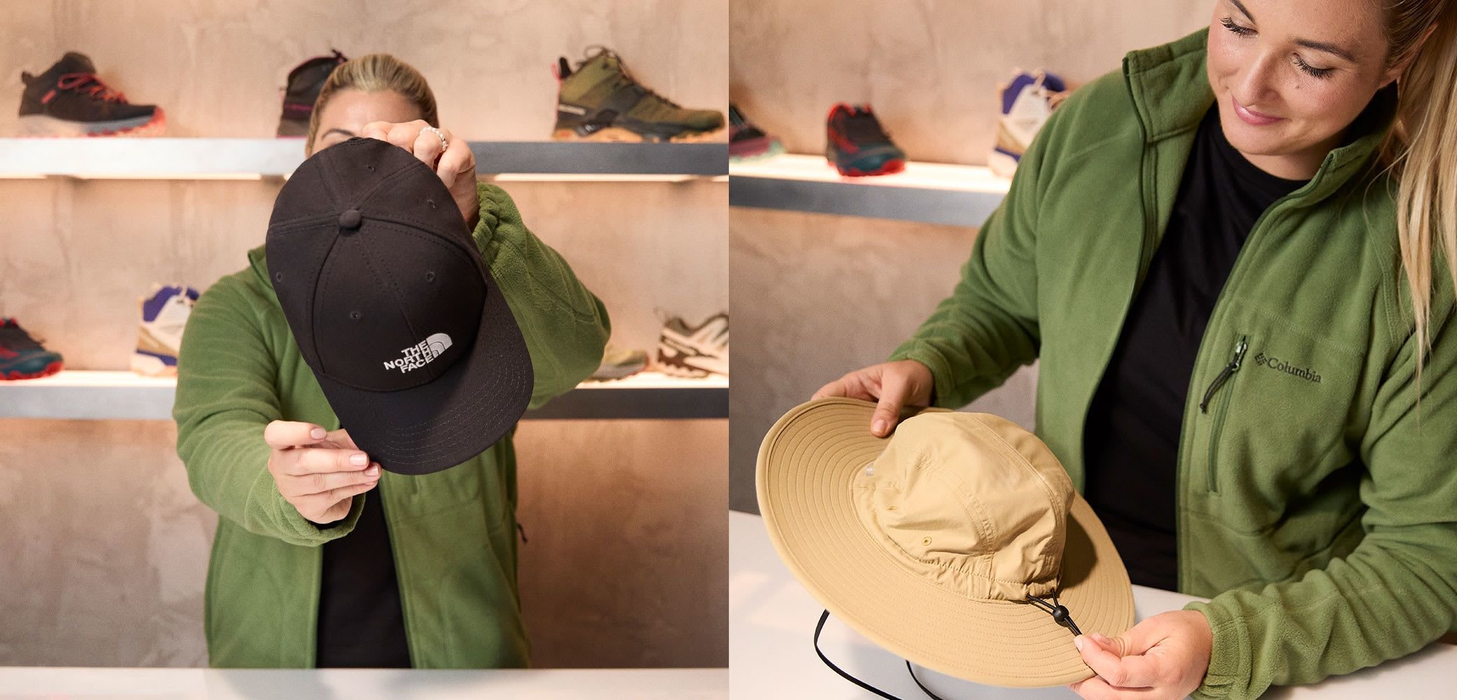 Schwarze Baseballkappe mit Logo auf der Vorderseite und ein beigefarbener breitkrempiger Hut mit verstellbarem Kinnband, beide auf einem Tisch ausgestellt.