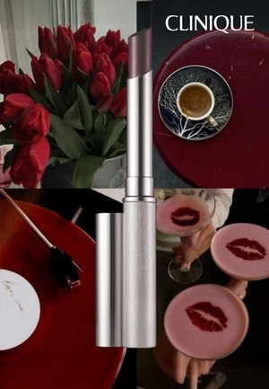 Clinique lip product with a sleek silver metallic tube and dark berry lipstick. Surrounded by red tulips, red plates, and cocktail glasses.