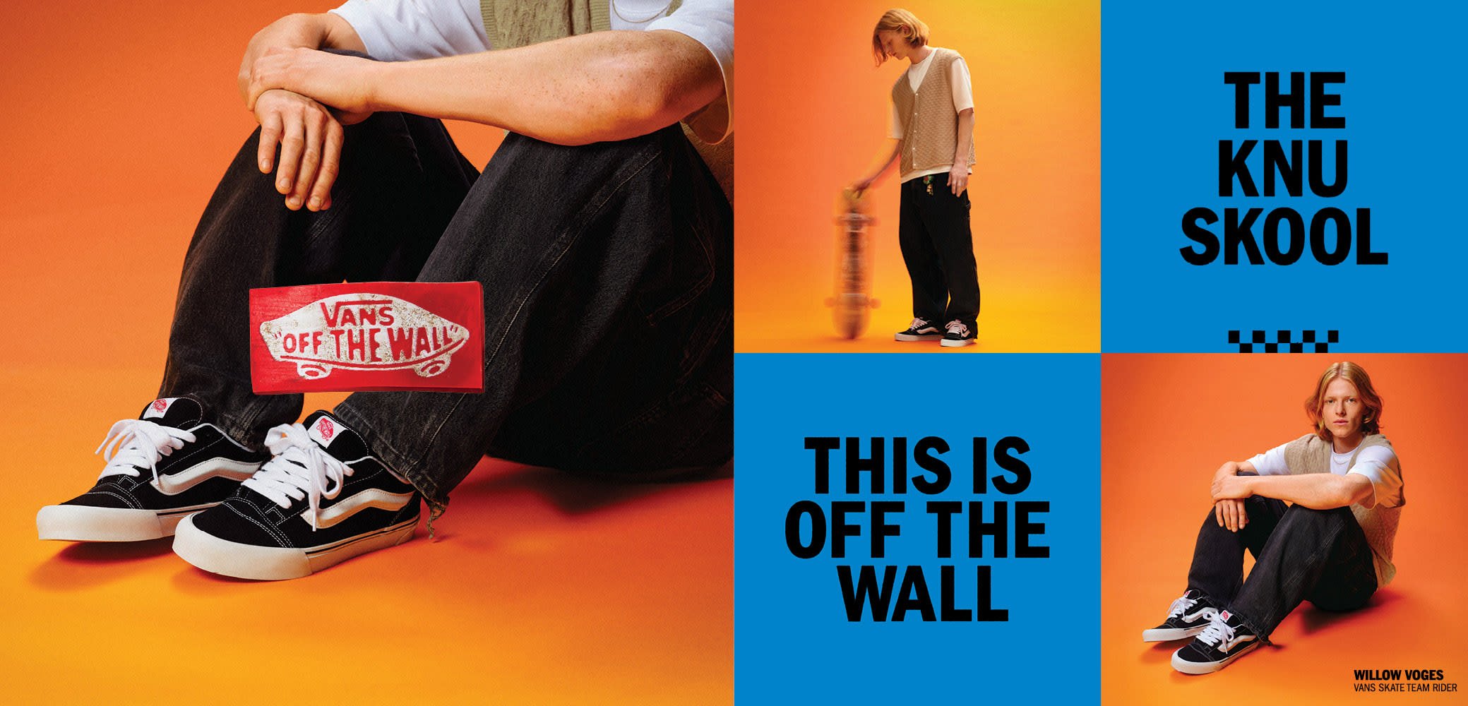 Schwarze Leinensneaker mit weißen Akzenten und Schnürsenkeln, vor einem orangefarbenen Hintergrund. Das Branding-Label lautet "VANS OFF THE WALL."