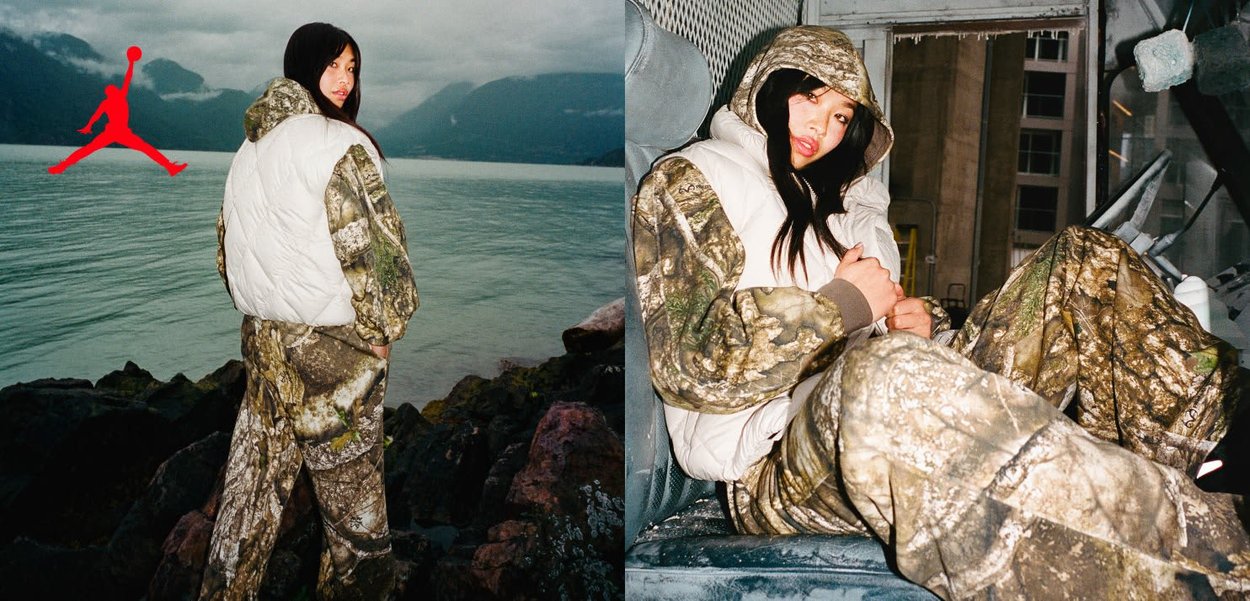 Young woman wears white puffer vest and camouflage hoodie and pants, posing outdoors by water and sitting inside a vehicle.