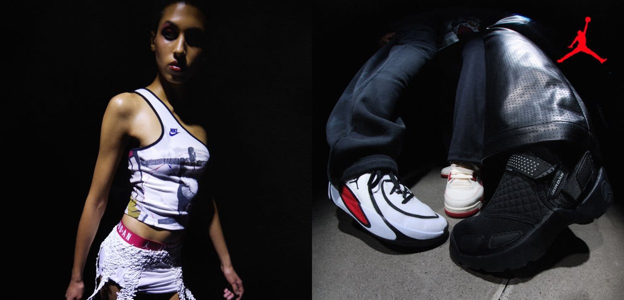 Frau in Nike-Trägershirt und weißen Shorts steht im Schatten; Nahaufnahme von drei verschiedenen Sneakers auf Betonboden mit rotem Jumpman-Logo darüber.