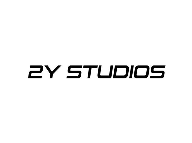 Zwarte tekst met de tekst "2Y STUDIOS" in een vet, modern sans-serif lettertype op een witte achtergrond. Het ontwerp heeft strakke lijnen en minimalisme.