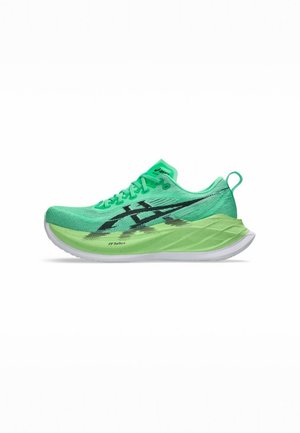 Scarpa da corsa in rete verde brillante con accenti neri, caratterizzata da una suola curva e ammortizzazione morbida. Progettata per un supporto leggero.