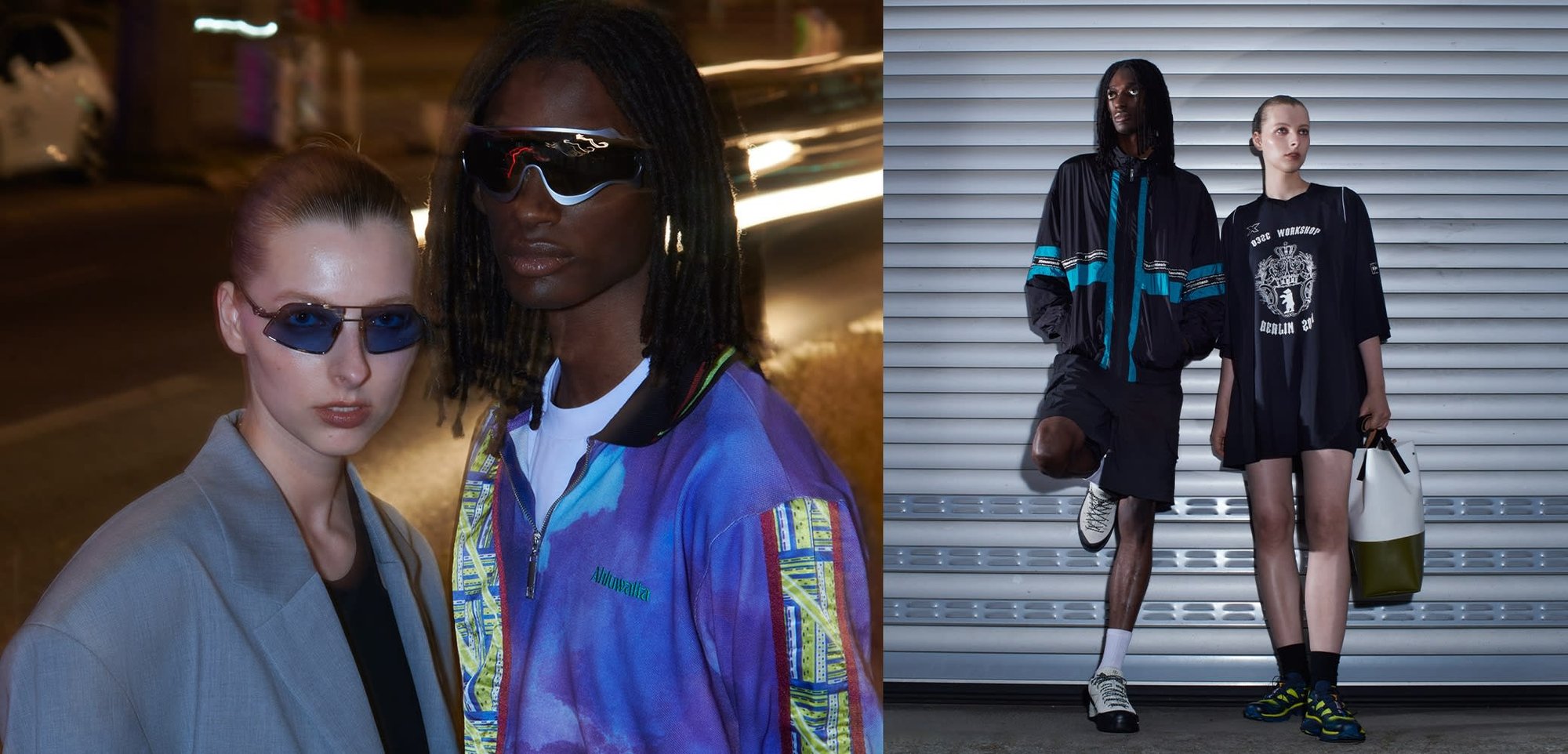 Chubasquero negro con acentos en verde azulado, camiseta gráfica negra de gran tamaño, pantalones cortos y bolso bicolor; zapatillas texturizadas con suela de goma.