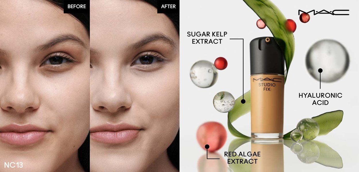 Light brown foundation bottle with black cap labeled 'MAC Studio Fix.' Ingredients listed: sugar kelp, red algae extract, hyaluronic acid.
