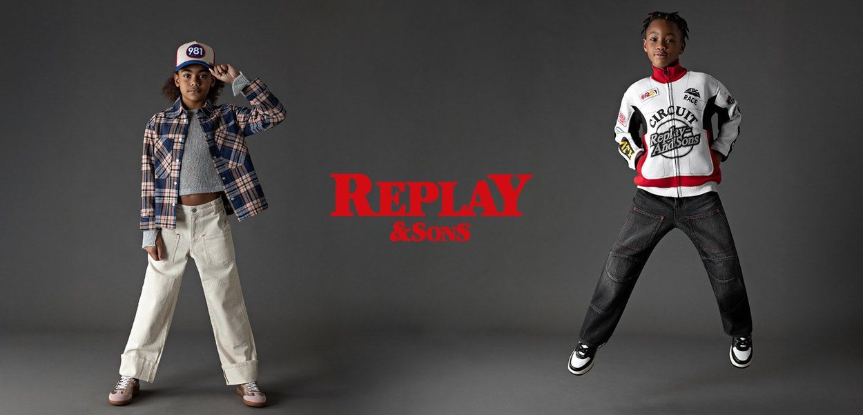 Two children pose against a gray background. Left: plaid shirt, cropped gray top, wide white pants, light shoes. Right: red-accented zip jacket, dark jeans, sporty shoes.