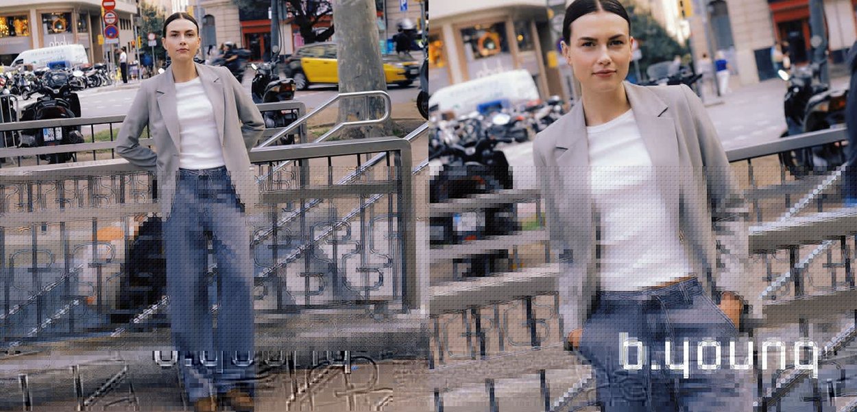 Hellgrauer Blazer über einem weißen Hemd, kombiniert mit weit geschnittenen blauen Jeans. Das Outfit wird durch eine einfache, glatte Stofftextur ergänzt.